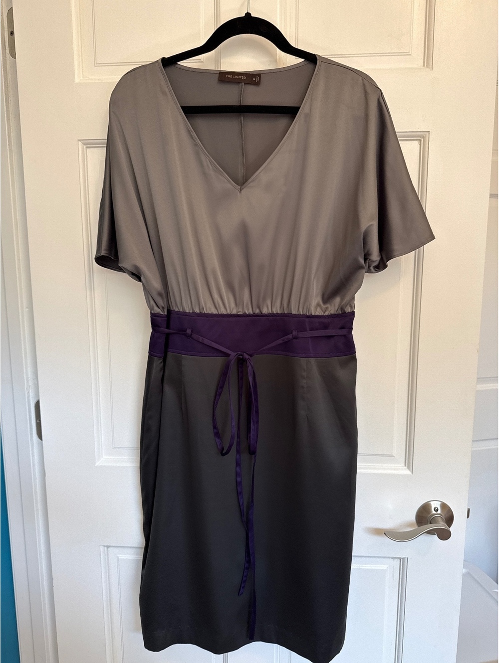 The Limited Two-Tone Satin Midi Dress with Purple Waist Tie Size 14